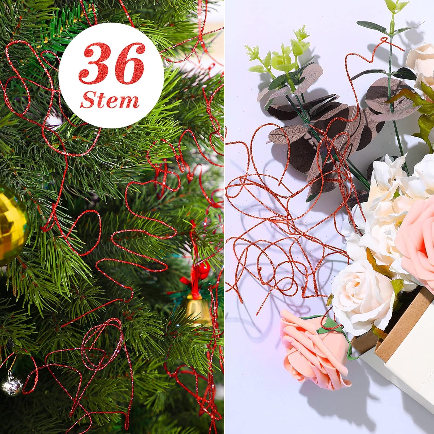 Syhood 36 Pieces Red Glitter Curly Ting Ting Branches Christmas Branches Vase Filler Artificial Curly Twigs for Christmas Tree Garland Wreath Decoration, Craft Vases Home Garden Decoration
